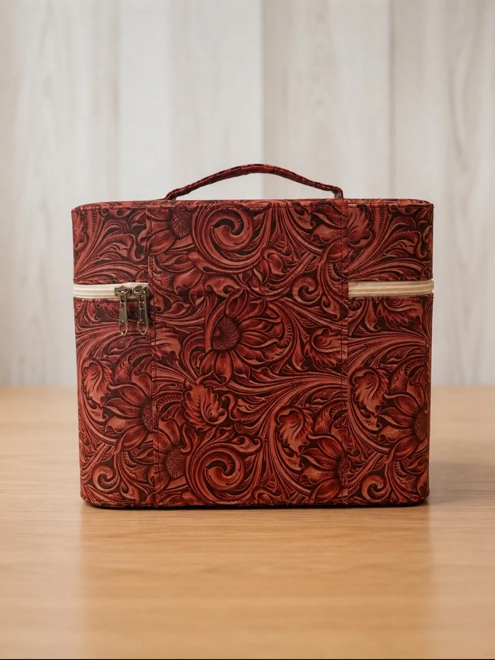 Vintage-Inspired Southwestern Floral Printed Vinyl Cantilever Makeup Train Case